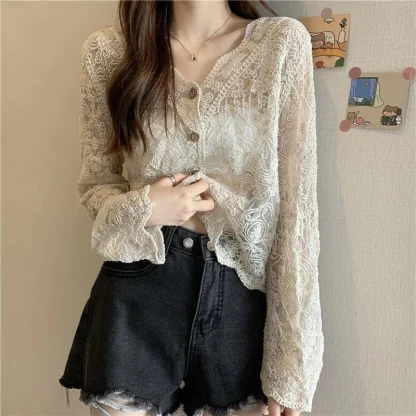 V-neck Lace See-through Jackets