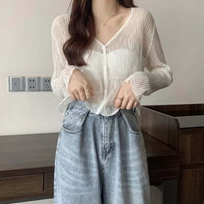 Button-up V-neck See-through Jackets - Image 5