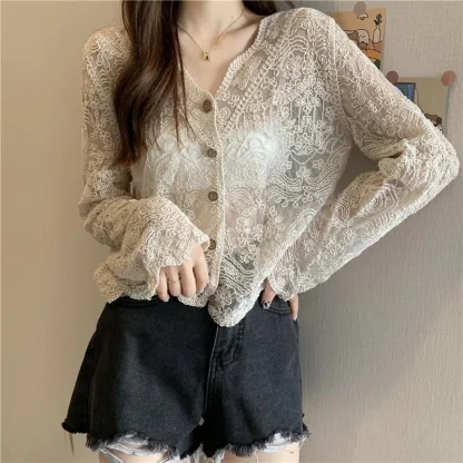 V-neck Lace See-through Jackets - Image 6