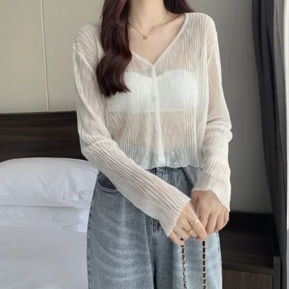 Button-up V-neck See-through Jackets - Image 6