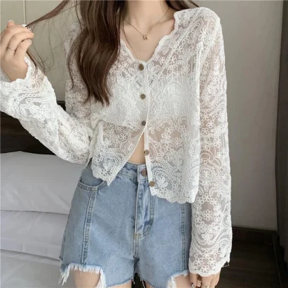 V-neck Lace See-through Jackets - Image 3