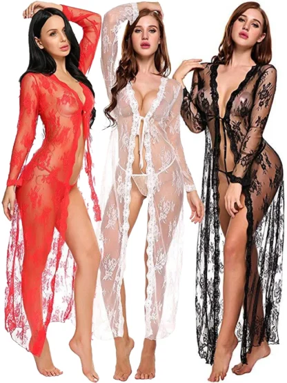 Open Front Lace Transparent Nighgown - Image 5