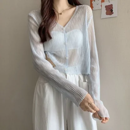 Button-up V-neck See-through Jackets - Image 4