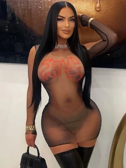 Long Sleeve Bodycon Mesh Dress - Image 2