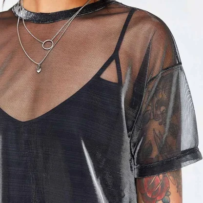 Shiny Short Sleeve Transparent Blouse - Image 4