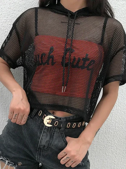 Hooded Drawstring Mesh Top