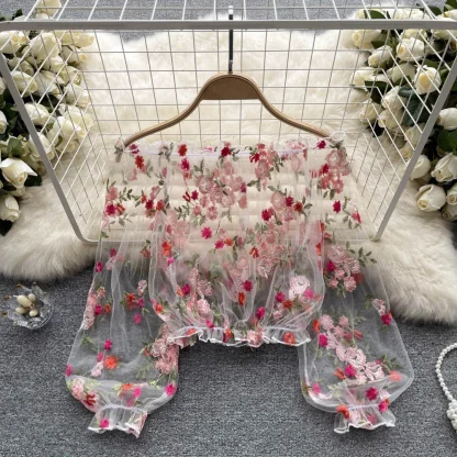 Embroidered Floral See-through Top - Image 2