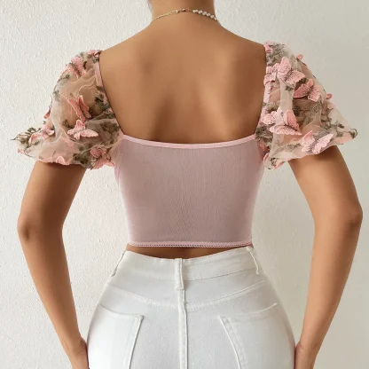 Puff Short Sleeve Floral Sheer Top - Image 3