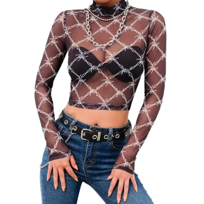 High-neck Long Sleeve Mesh Top