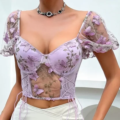 Puff Short Sleeve Floral Sheer Top - Image 4