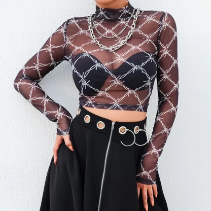 High-neck Long Sleeve Mesh Top - Image 5