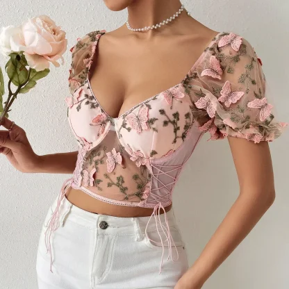 Puff Short Sleeve Floral Sheer Top