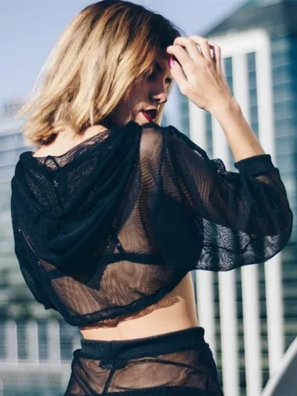 Hooded Drawstring Mesh Top - Image 5