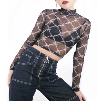 High-neck Long Sleeve Mesh Top - Image 2