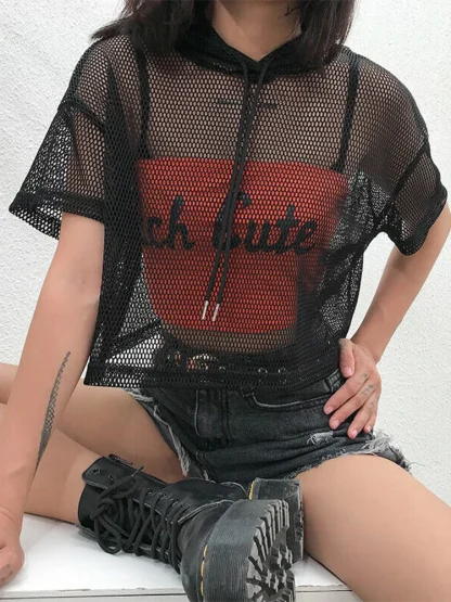 Hooded Drawstring Mesh Top - Image 6