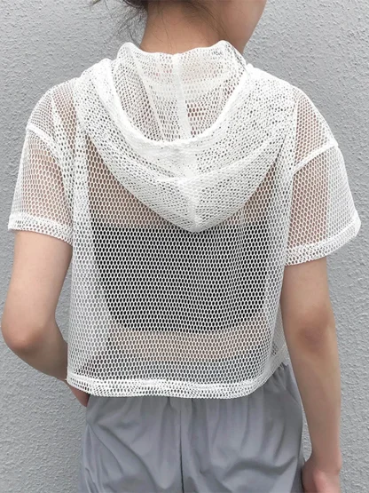 Hooded Drawstring Mesh Top - Image 4