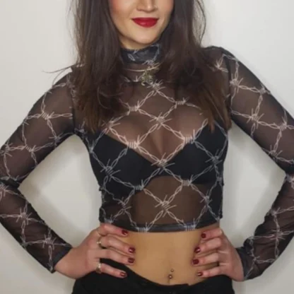 High-neck Long Sleeve Mesh Top - Image 6