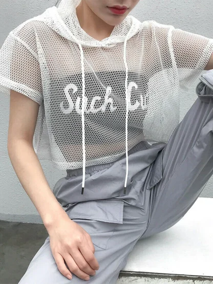 Hooded Drawstring Mesh Top - Image 3
