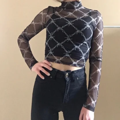 High-neck Long Sleeve Mesh Top - Image 3
